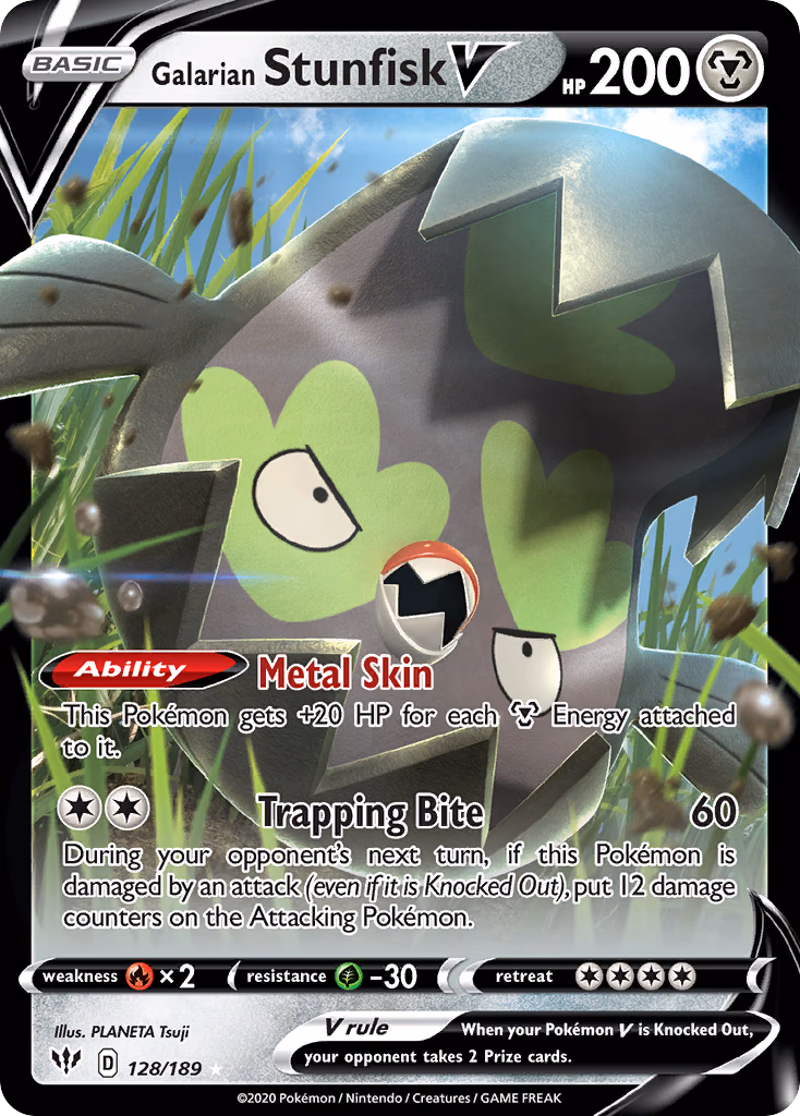 Galarian Stunfisk V Pokemon card (128/189, Darkness Ablaze)