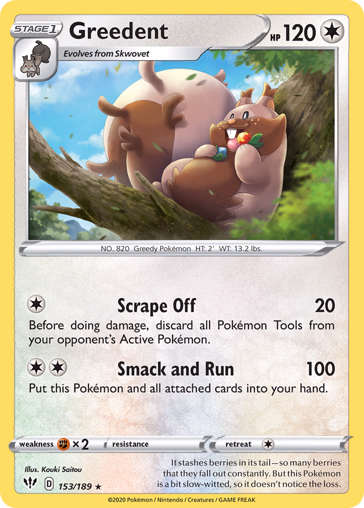 Greedent Pokemon card (153/189, Darkness Ablaze)