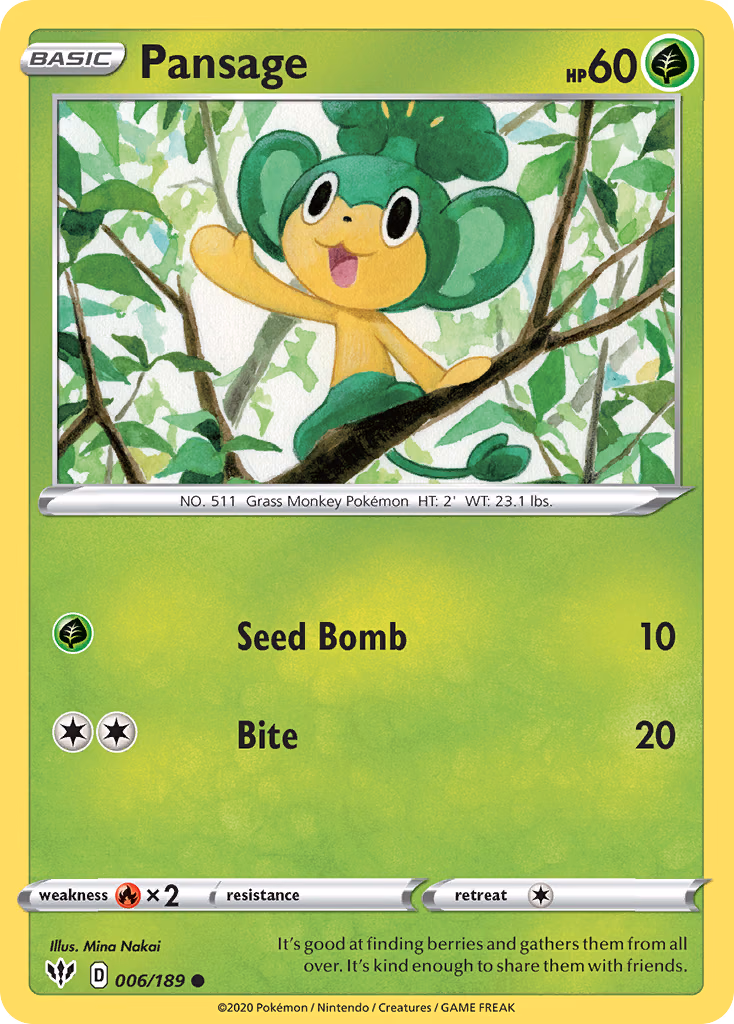 Pansage Pokemon card (006/189, Darkness Ablaze)