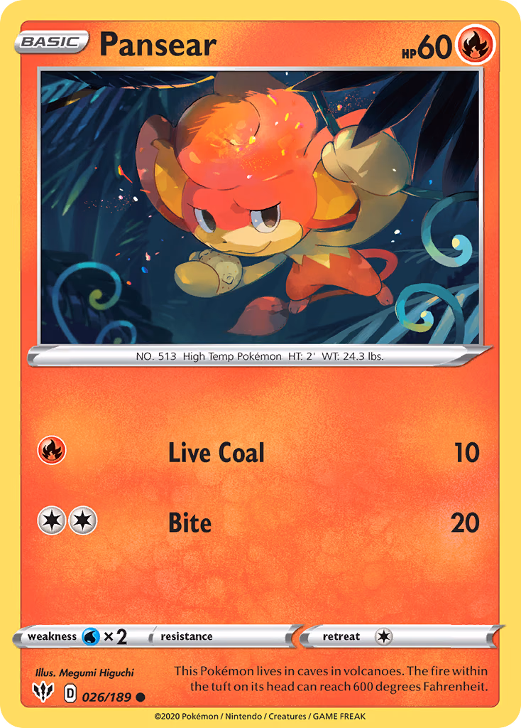 Pansear Pokemon card (026/189, Darkness Ablaze)