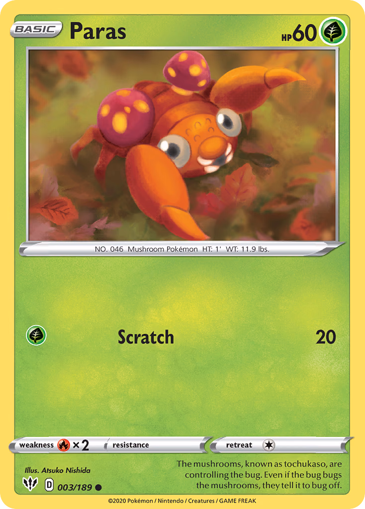 Paras Pokemon card (003/189, Darkness Ablaze)
