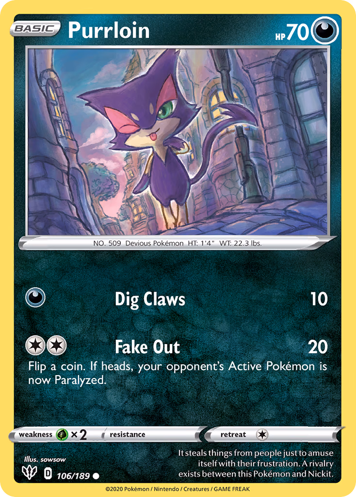 Purrloin Pokemon card (106/189, Darkness Ablaze)