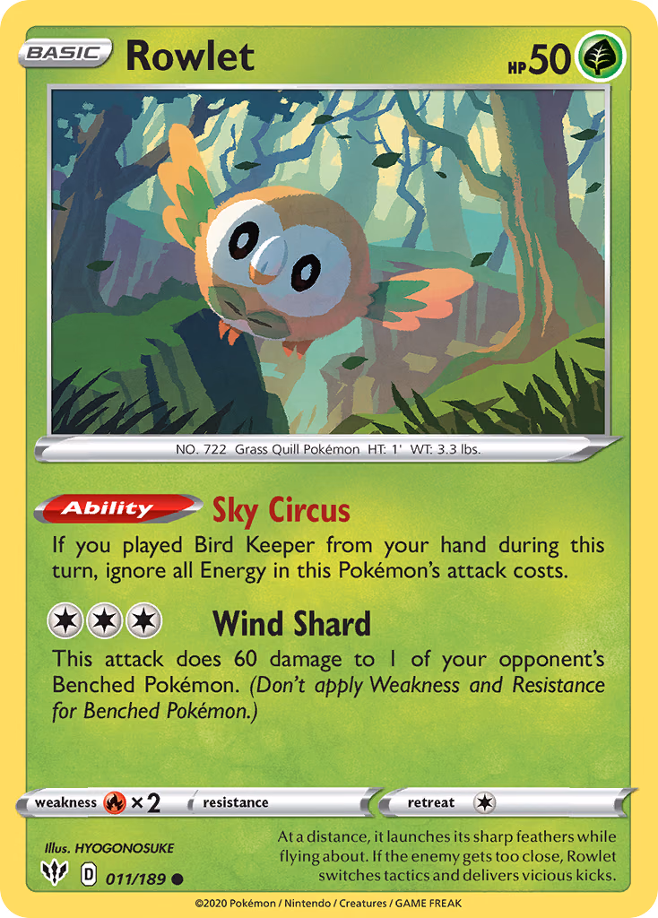 Rowlet Pokemon card (011/189, Darkness Ablaze)