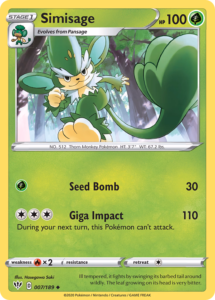Simisage Pokemon card (007/189, Darkness Ablaze)