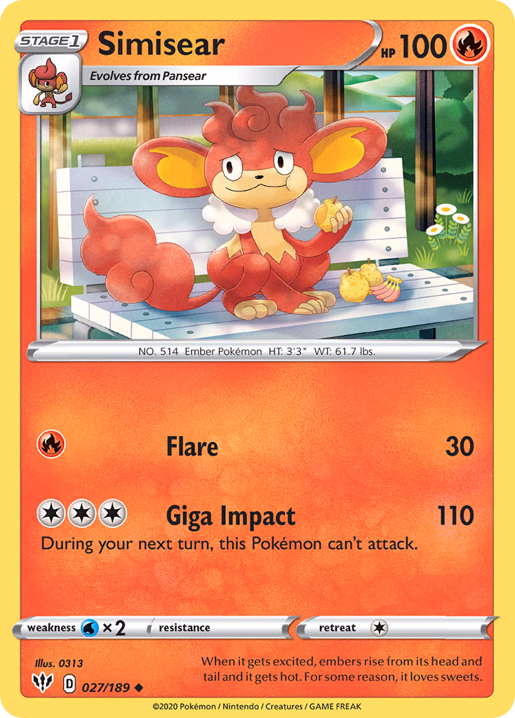 Simisear Pokemon card (027/189, Darkness Ablaze)