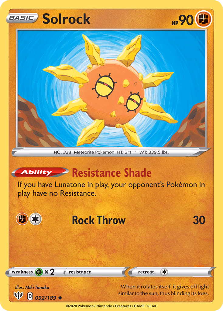 Solrock Pokemon card (092/189, Darkness Ablaze)