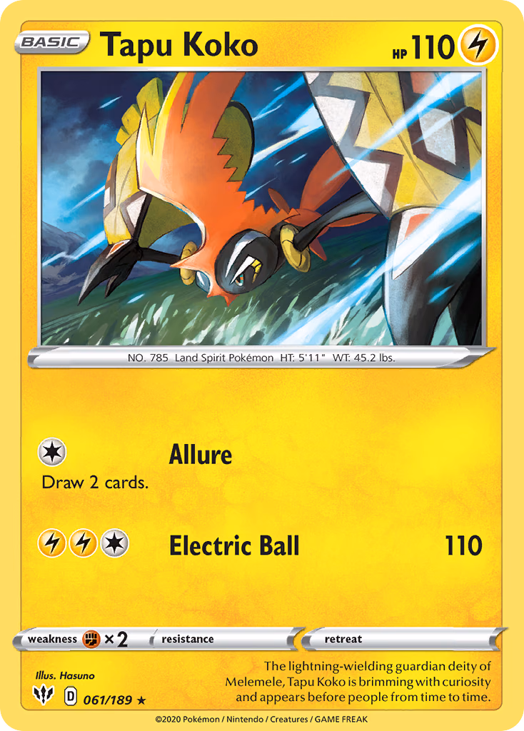 Tapu Koko Pokemon card (061/189, Darkness Ablaze)