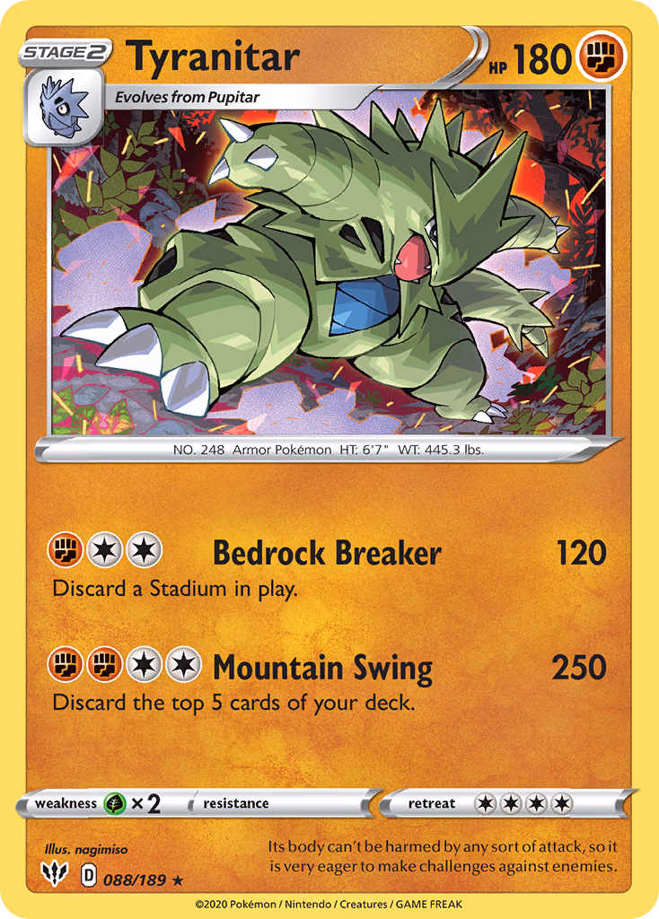 Tyranitar Pokemon card (088/189, Darkness Ablaze)