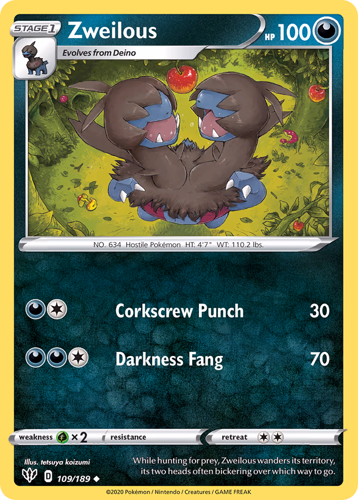 Zweilous Pokemon card (109/189, Darkness Ablaze)