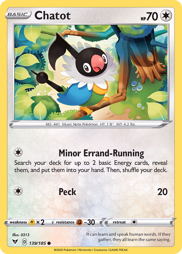 Chatot Pokemon card (139/185, Vivid Voltage)