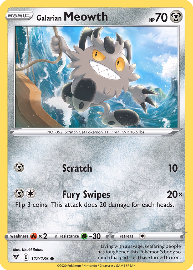 Galarian Meowth Pokemon card (112/185, Vivid Voltage)