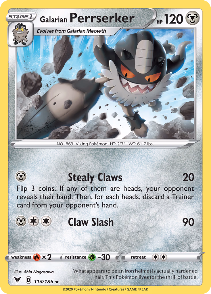 Galarian Perrserker Pokemon card (113/185, Vivid Voltage)
