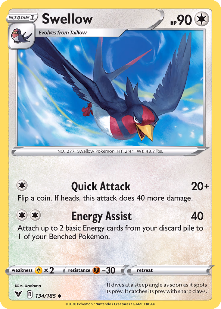 Swellow Pokemon card (134/185, Vivid Voltage)