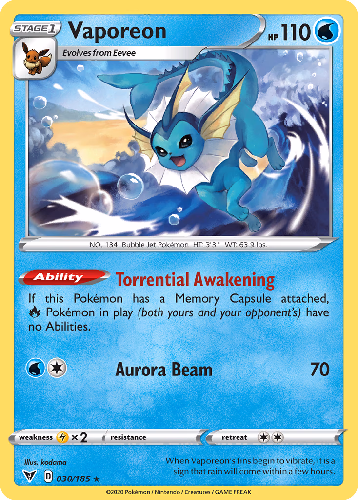 Vaporeon Pokemon card (030/185, Vivid Voltage)