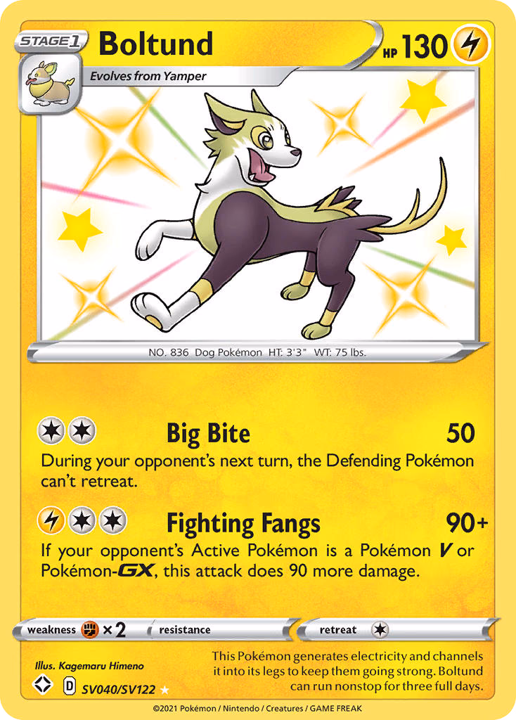Boltund Pokemon card (SV040/SV122, Shining Fates Shiny Vault)