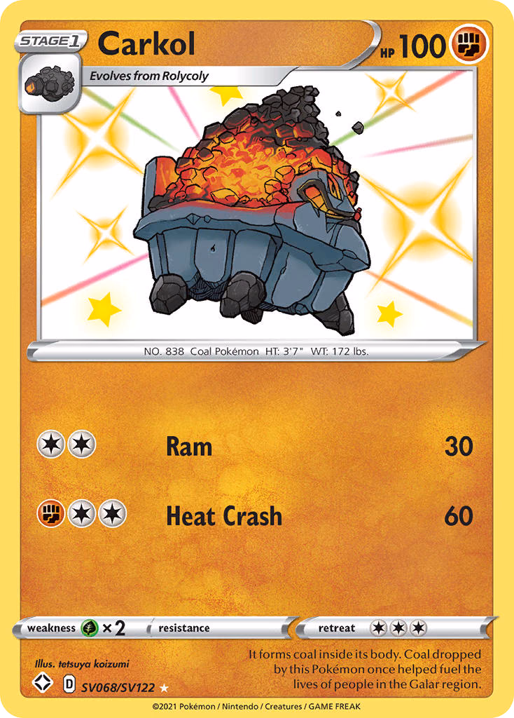 Carkol Pokemon card (SV068/SV122, Shining Fates Shiny Vault)