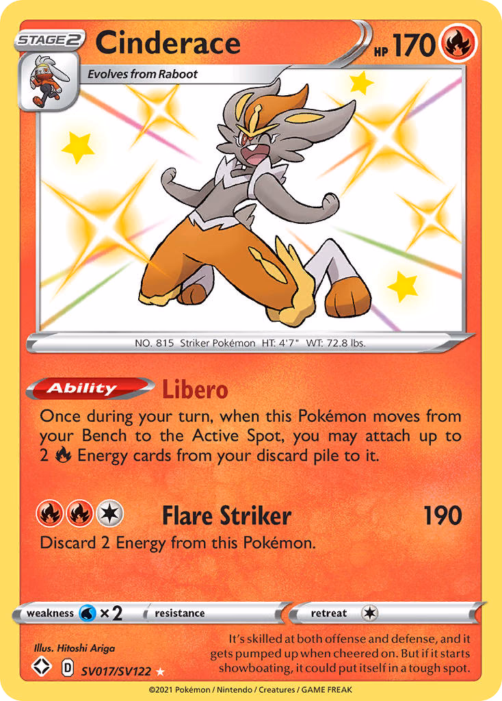 Cinderace Pokemon card (SV017/SV122, Shining Fates Shiny Vault)