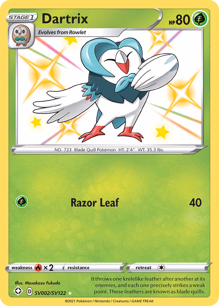 Dartrix Pokemon card (SV002/SV122, Shining Fates Shiny Vault)
