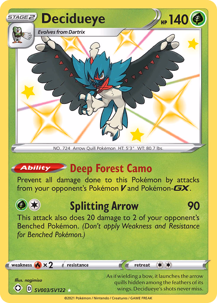 Decidueye Pokemon card (SV003/SV122, Shining Fates Shiny Vault)