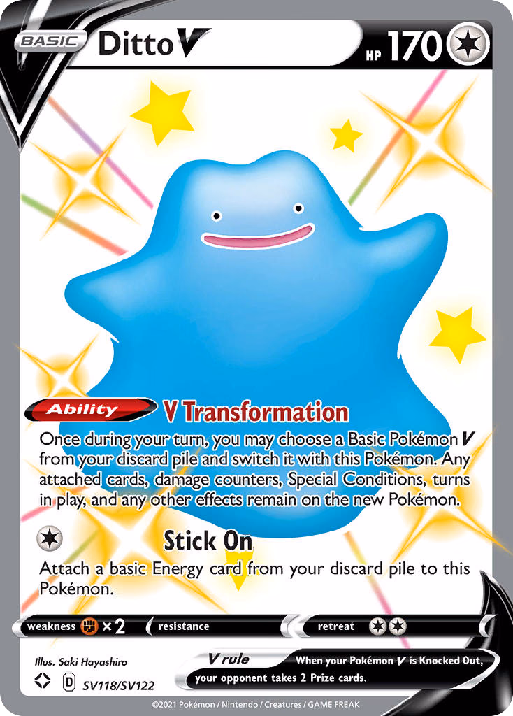 Ditto V Pokemon card (SV118/SV122, Shining Fates Shiny Vault)