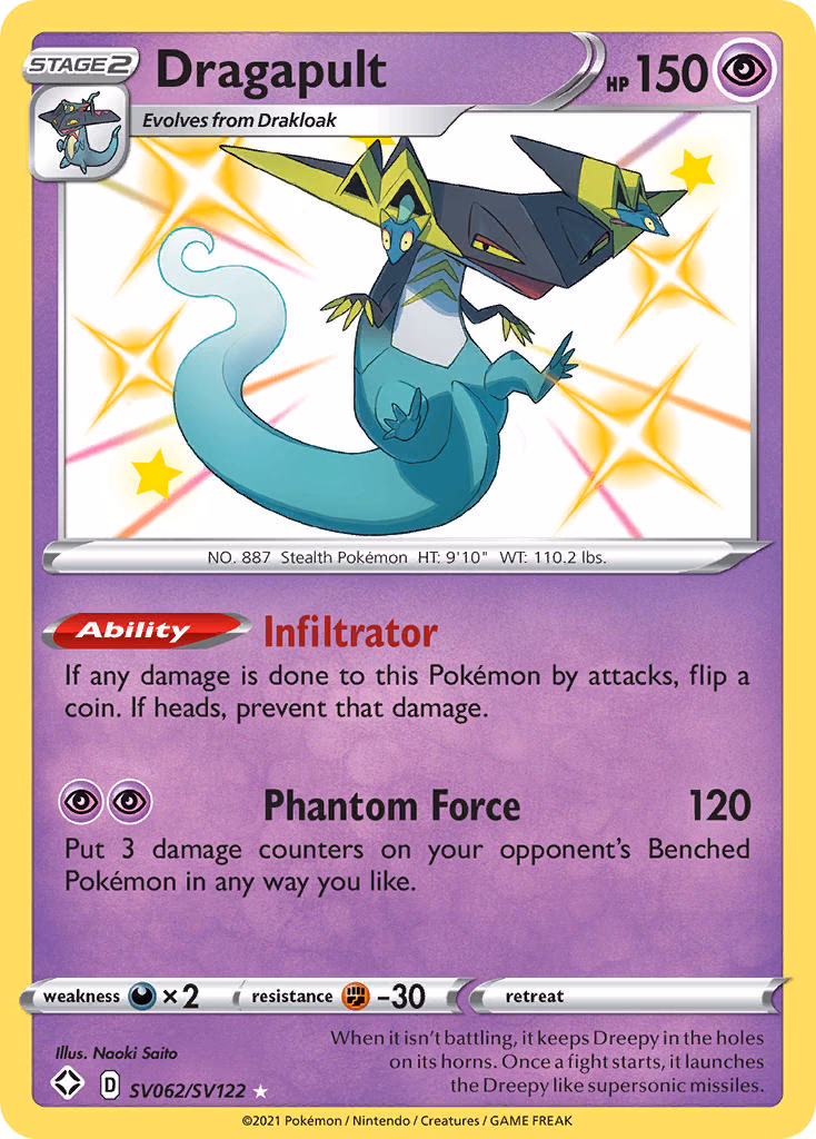 Dragapult Pokemon card (SV062/SV122, Shining Fates Shiny Vault)