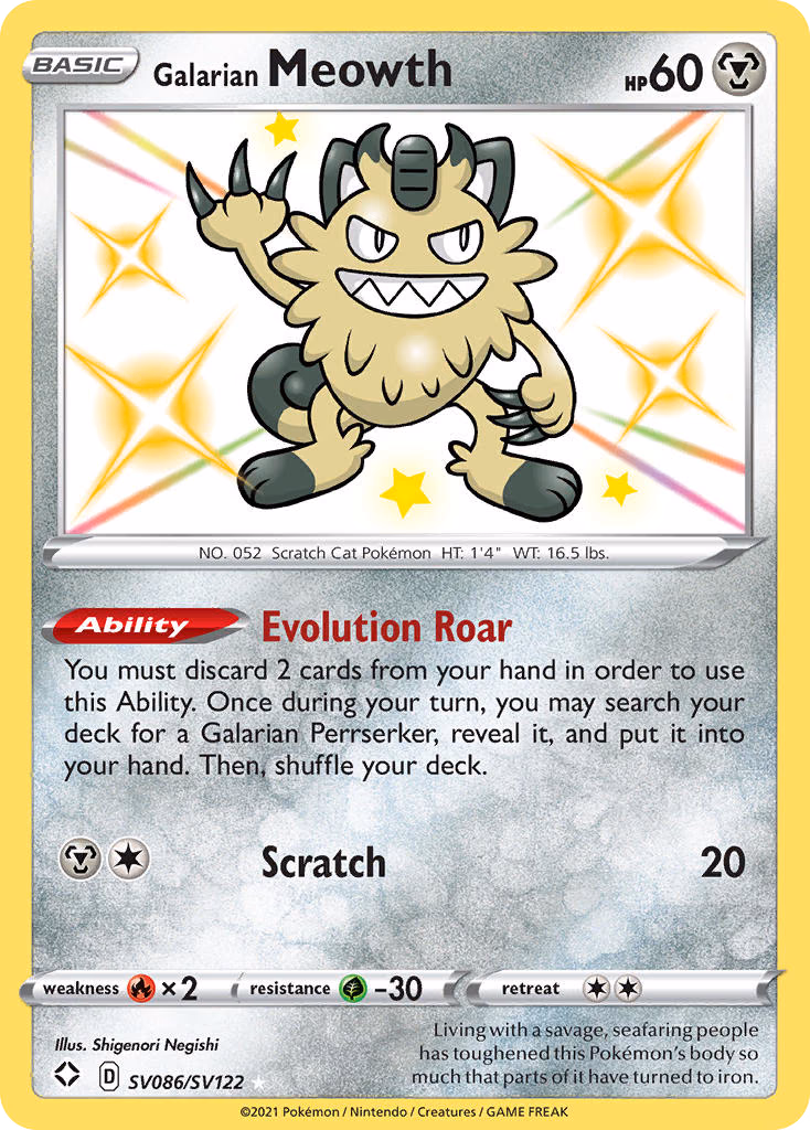 Galarian Meowth Pokemon card (SV086/SV122, Shining Fates Shiny Vault)