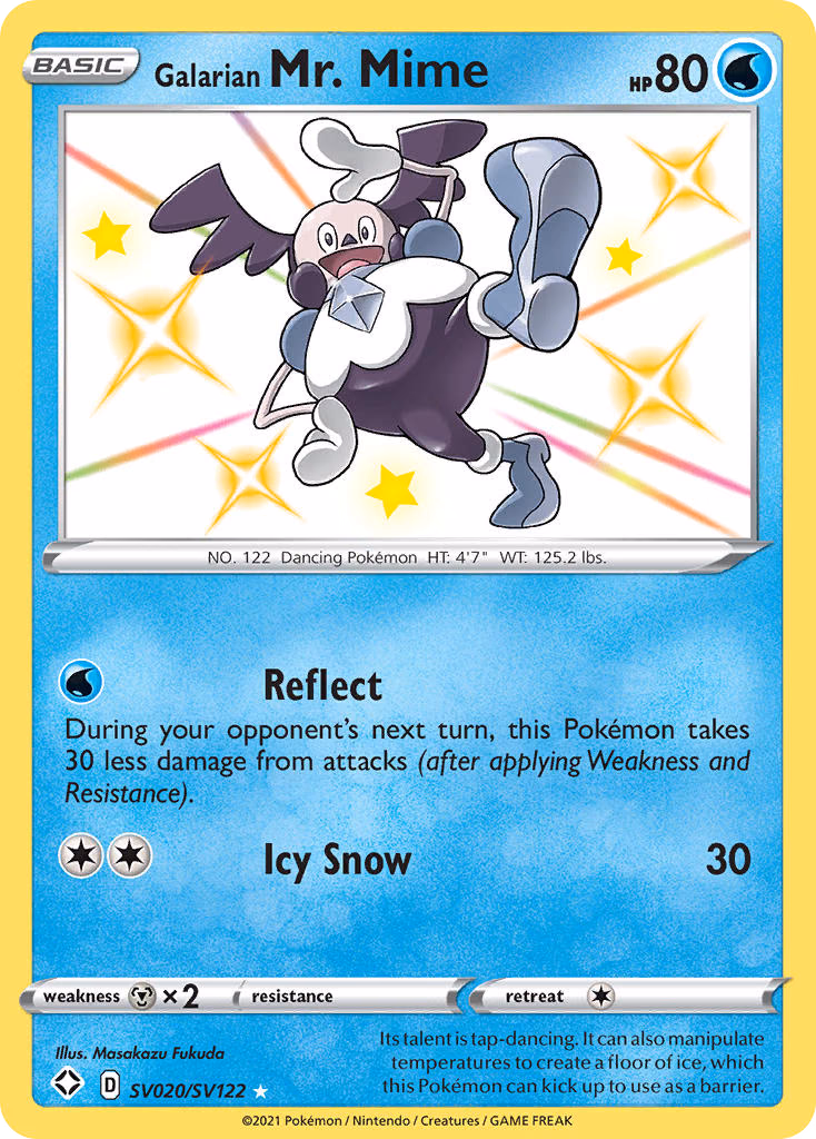 Galarian Mr. Mime Pokemon card (SV020/SV122, Shining Fates Shiny Vault)