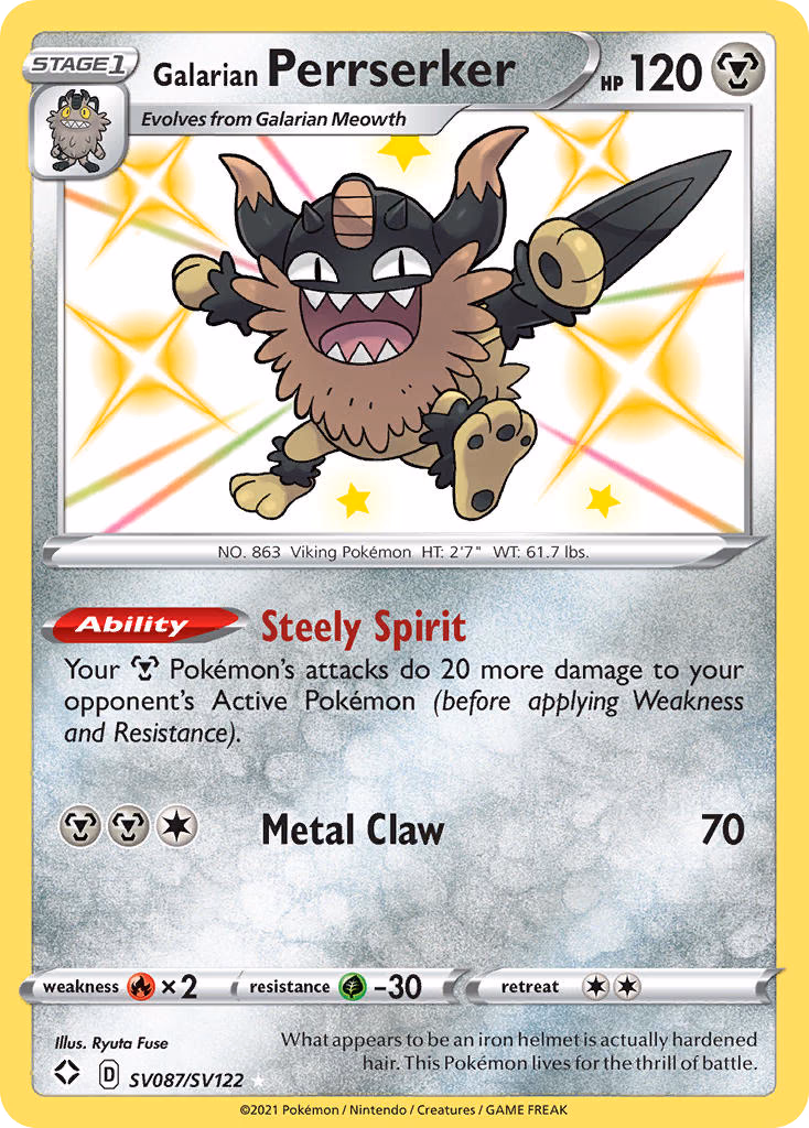 Galarian Perrserker Pokemon card (SV087/SV122, Shining Fates Shiny Vault)