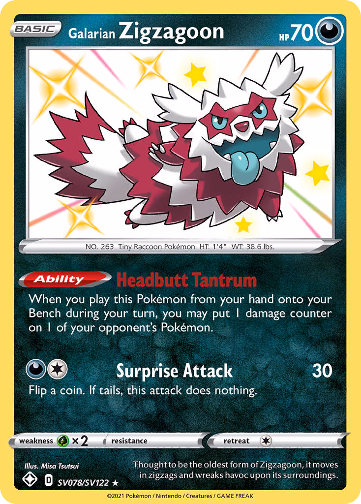 Galarian Zigzagoon Pokemon card (SV078/SV122, Shining Fates Shiny Vault)