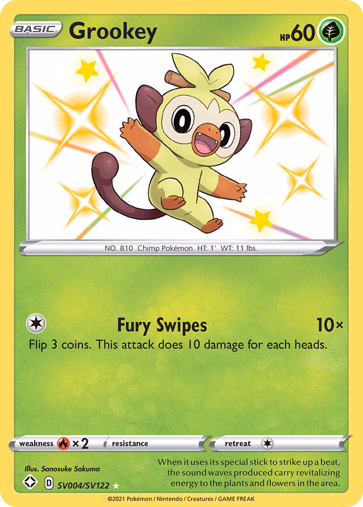 Grookey Pokemon card (SV004/SV122, Shining Fates Shiny Vault)
