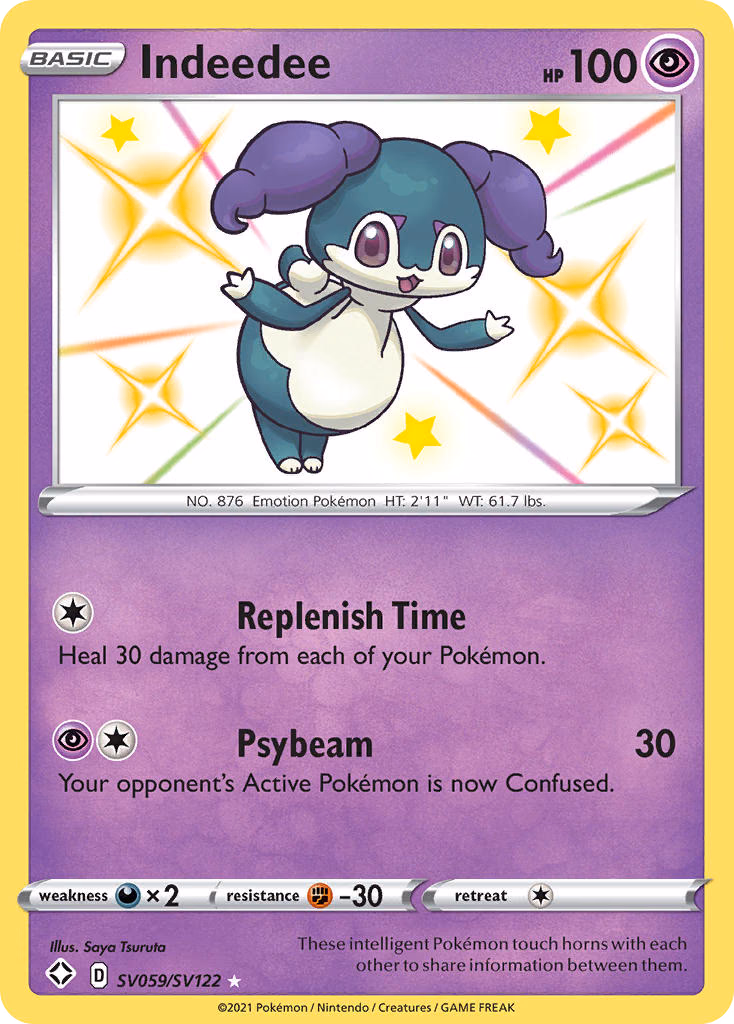 Indeedee Pokemon card (SV059/SV122, Shining Fates Shiny Vault)