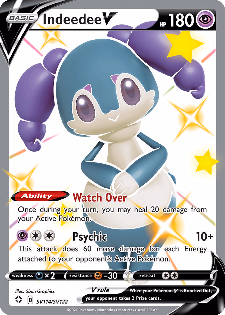 Indeedee V Pokemon card (SV114/SV122, Shining Fates Shiny Vault)