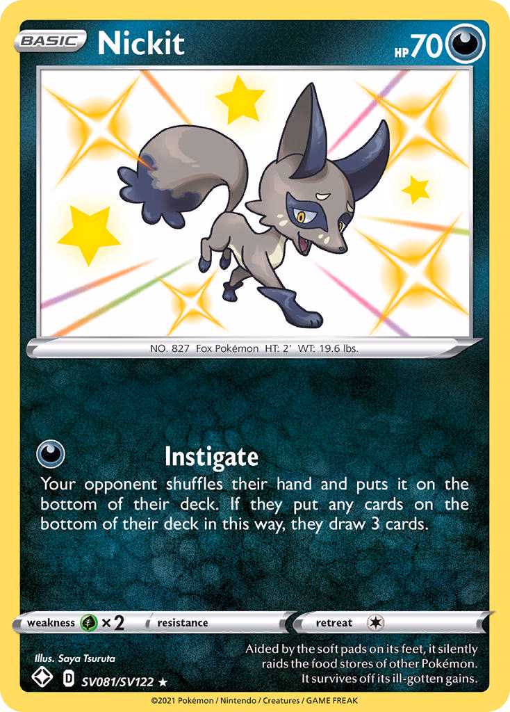 Nickit Pokemon card (SV081/SV122, Shining Fates Shiny Vault)