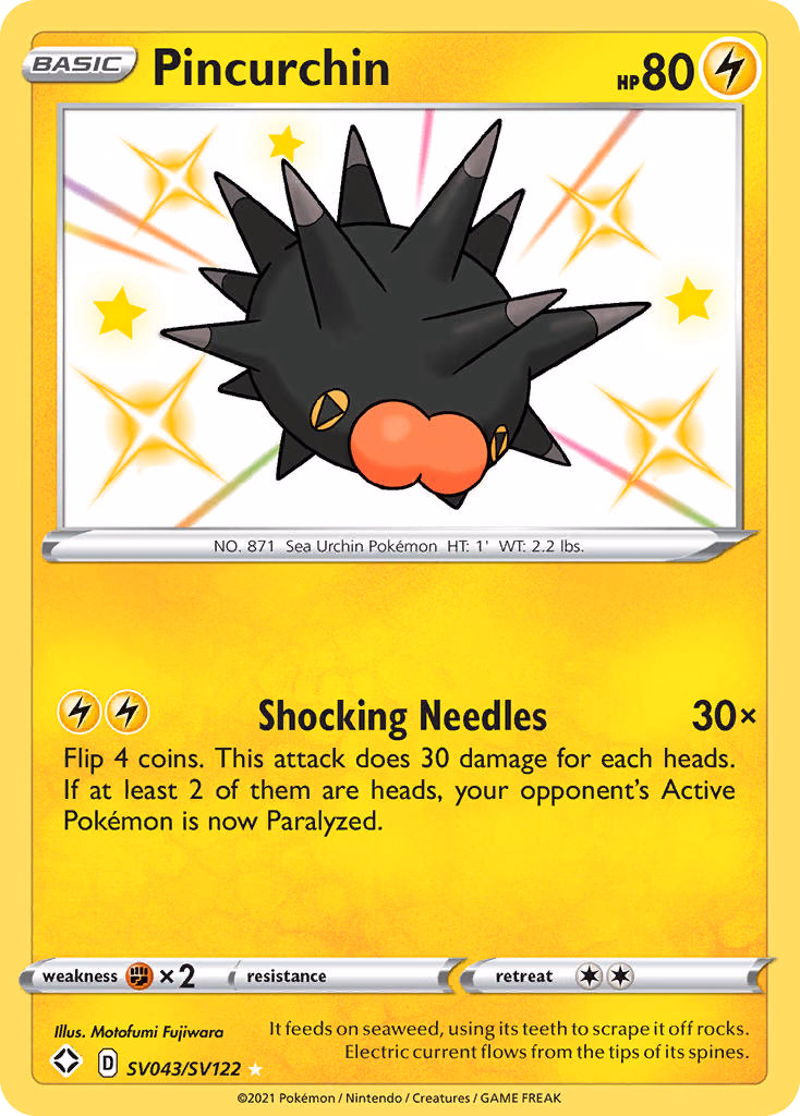 Pincurchin Pokemon card (SV043/SV122, Shining Fates Shiny Vault)