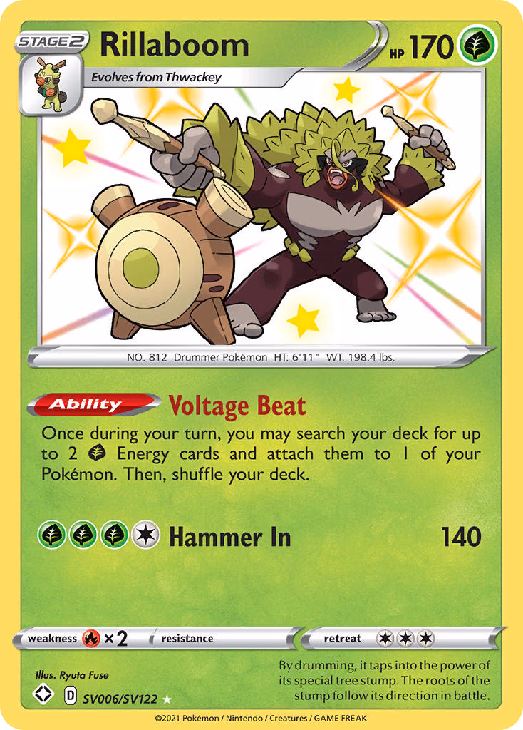 Rillaboom Pokemon card (SV006/SV122, Shining Fates Shiny Vault)