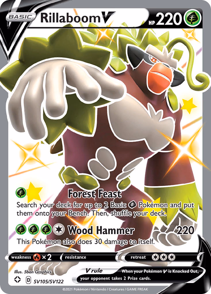 Rillaboom V Pokemon card (SV105/SV122, Shining Fates Shiny Vault)