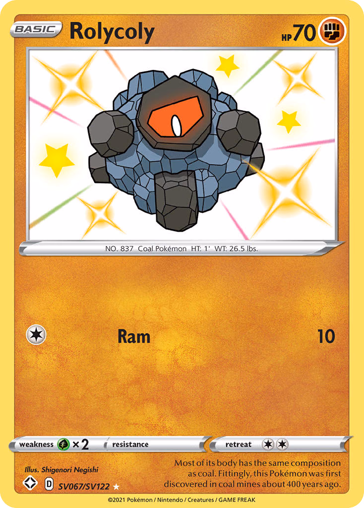 Rolycoly Pokemon card (SV067/SV122, Shining Fates Shiny Vault)