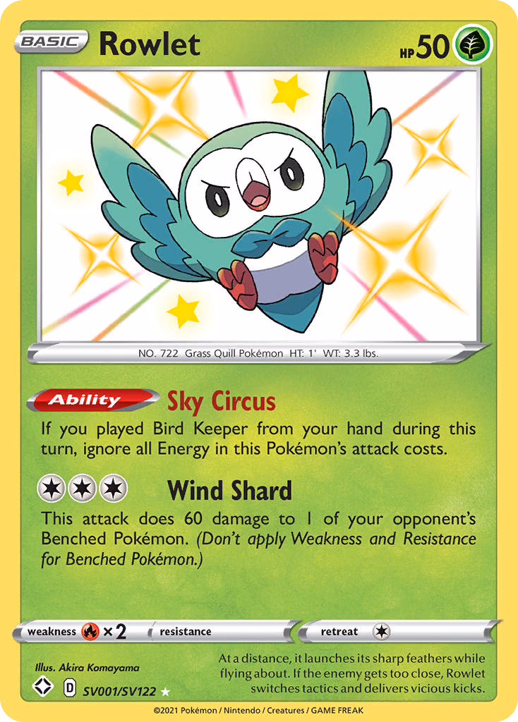 Rowlet Pokemon card (SV001/SV122, Shining Fates Shiny Vault)