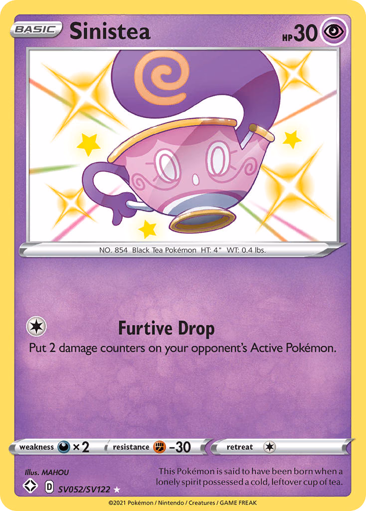 Sinistea Pokemon card (SV052/SV122, Shining Fates Shiny Vault)