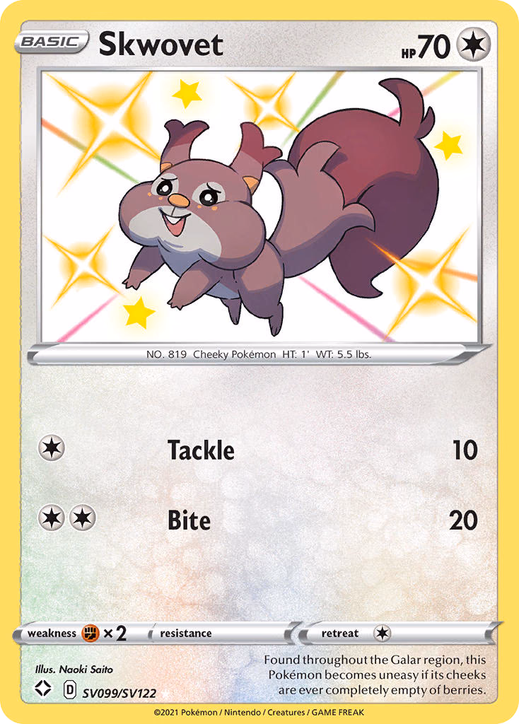 Skwovet Pokemon card (SV099/SV122, Shining Fates Shiny Vault)