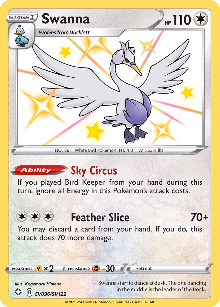 Swanna Pokemon card (SV096/SV122, Shining Fates Shiny Vault)