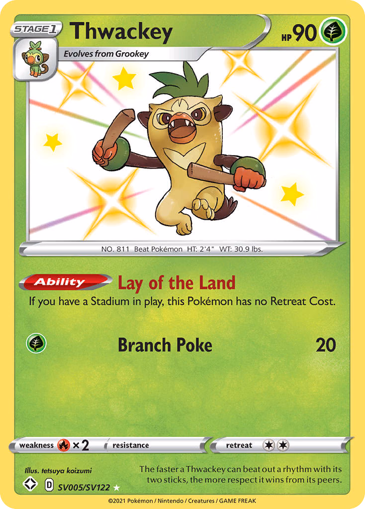 Thwackey Pokemon card (SV005/SV122, Shining Fates Shiny Vault)