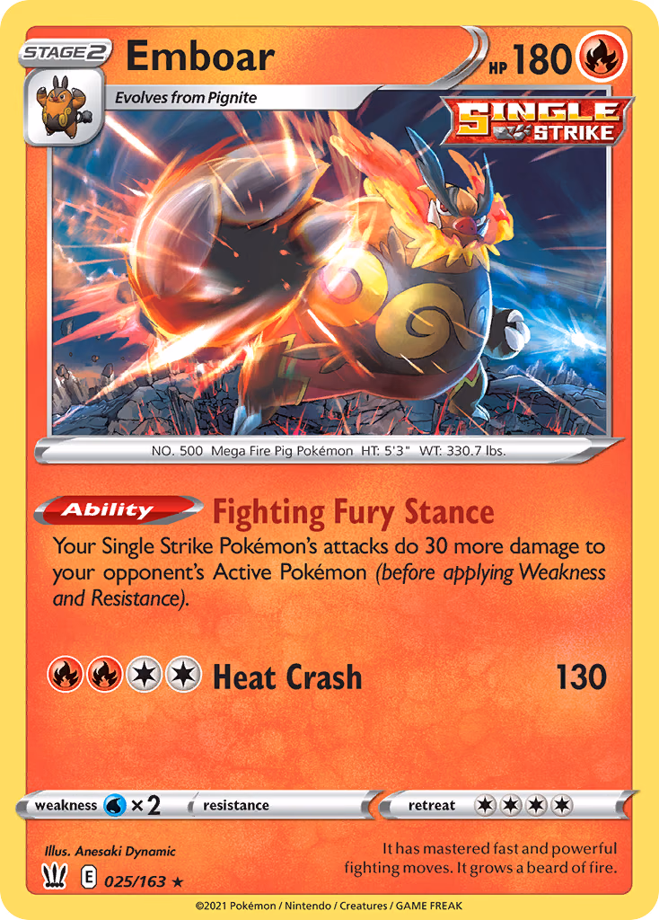 Emboar Pokemon card (025/163, Battle Styles)