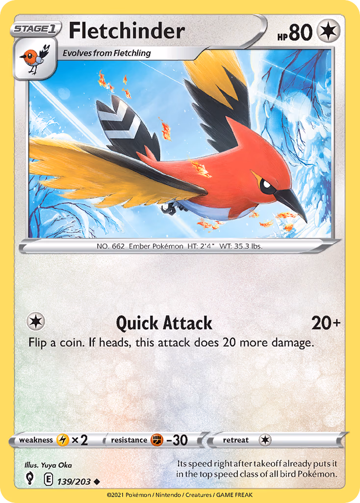 Fletchinder Pokemon card (139/203, Evolving Skies)