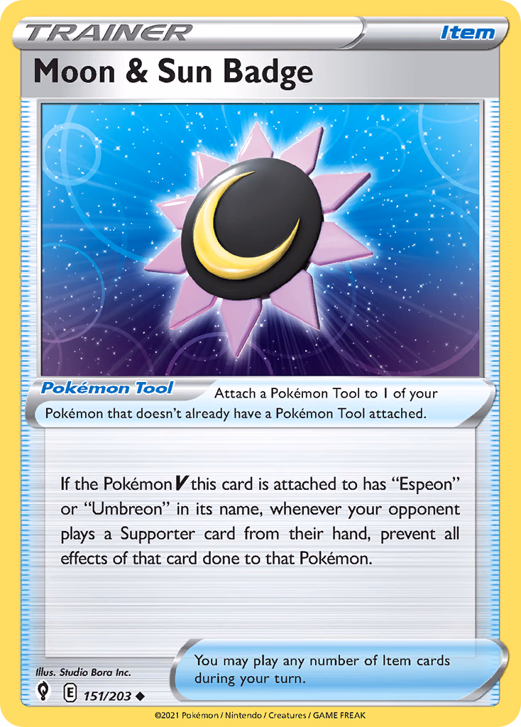Moon & Sun Badge Pokemon card (151/203, Evolving Skies)