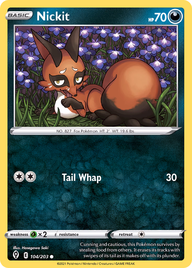 Nickit Pokemon card (104/203, Evolving Skies)
