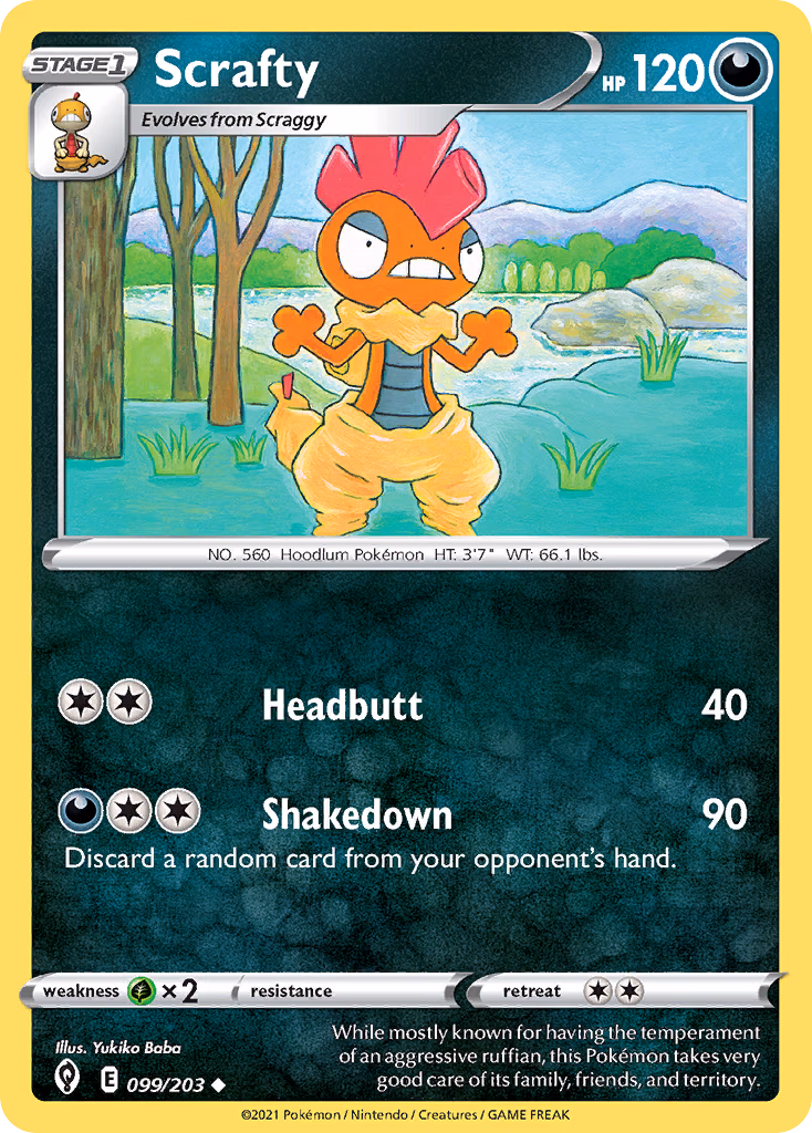 Scrafty Pokemon card (099/203, Evolving Skies)