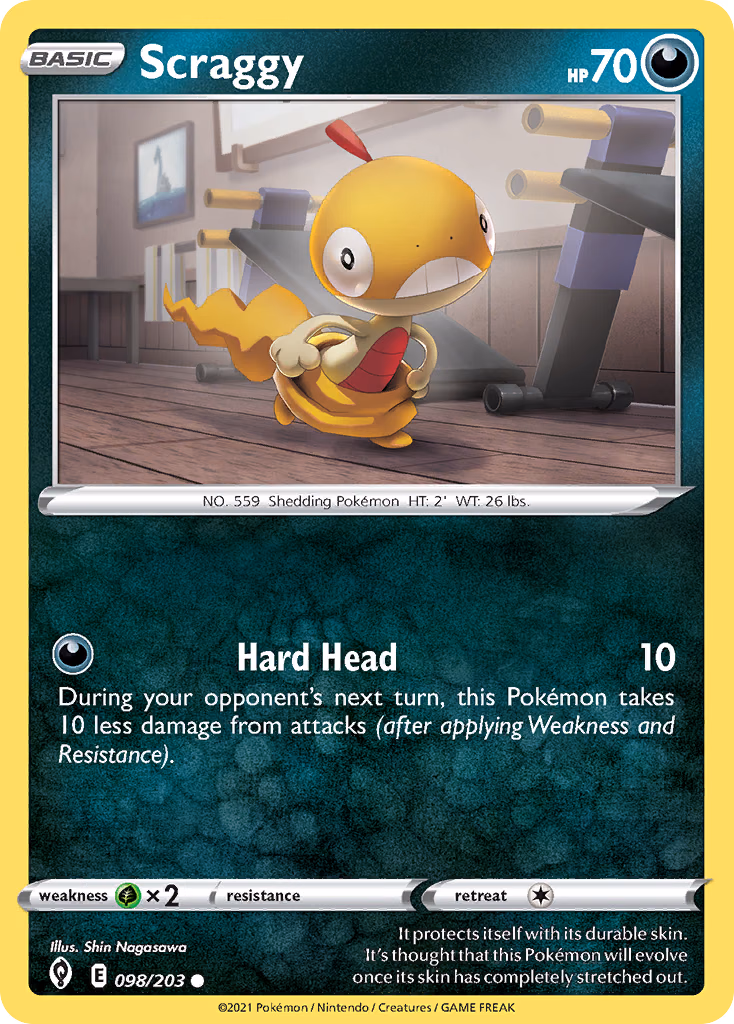 Scraggy Pokemon card (098/203, Evolving Skies)