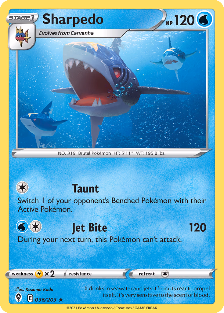 Sharpedo Pokemon card (036/203, Evolving Skies)