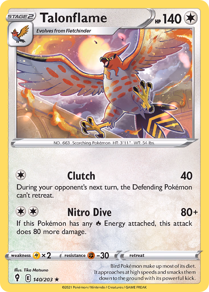 Talonflame Pokemon card (140/203, Evolving Skies)